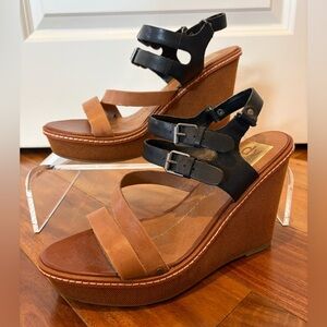 NEW DV Dolce Vita Black and Brown Double Strap Wedge Sandals Size 10